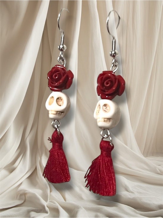 Artisan Crafted Jewelry - Red Rose & Skull Tassel Earrings - Women Jewelry